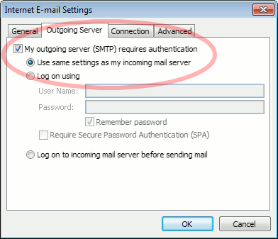 Outlook 2010 outgoing authentication